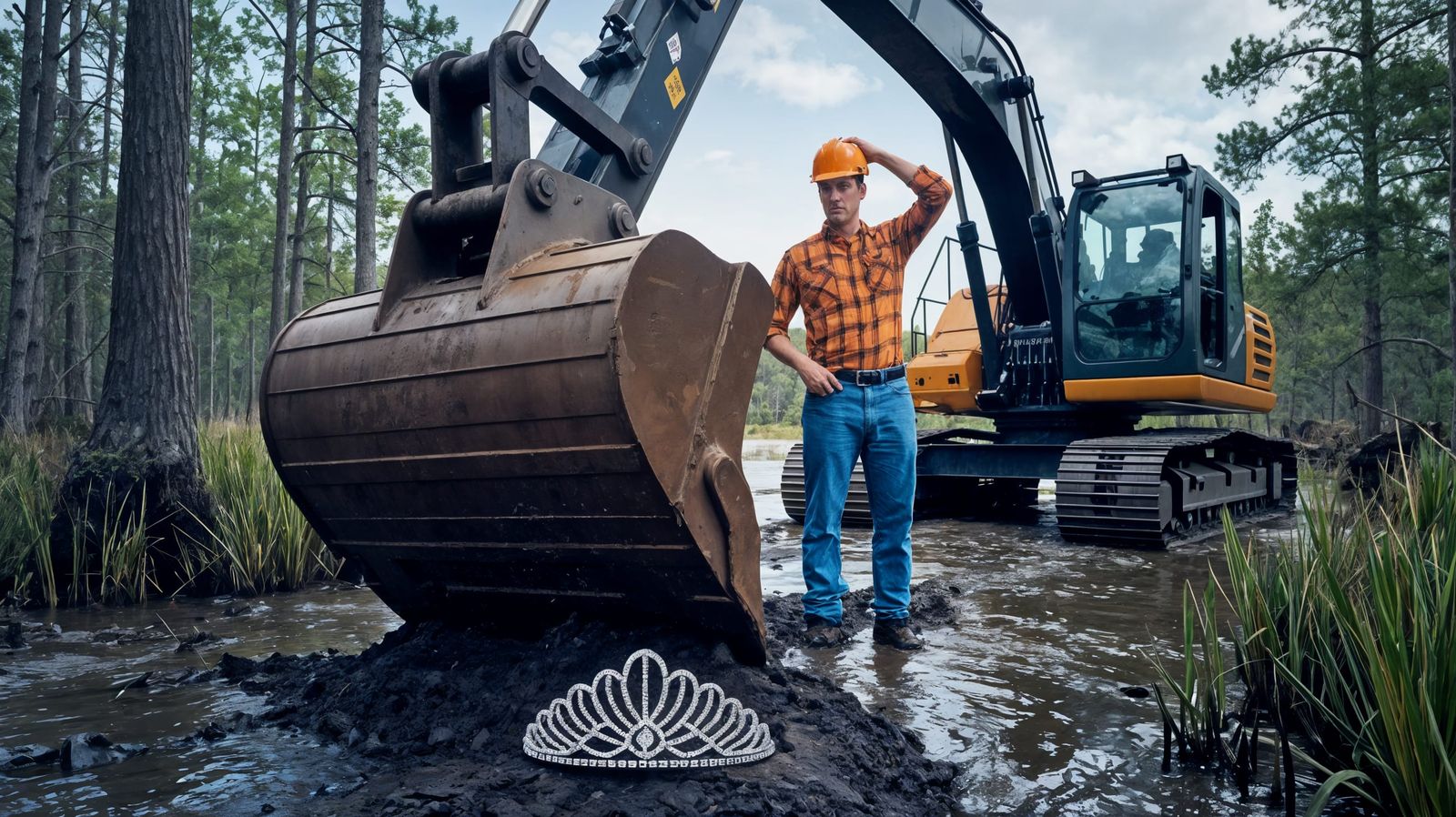 Man in Hard Hat Discovers Tiara in Swamp Excavation