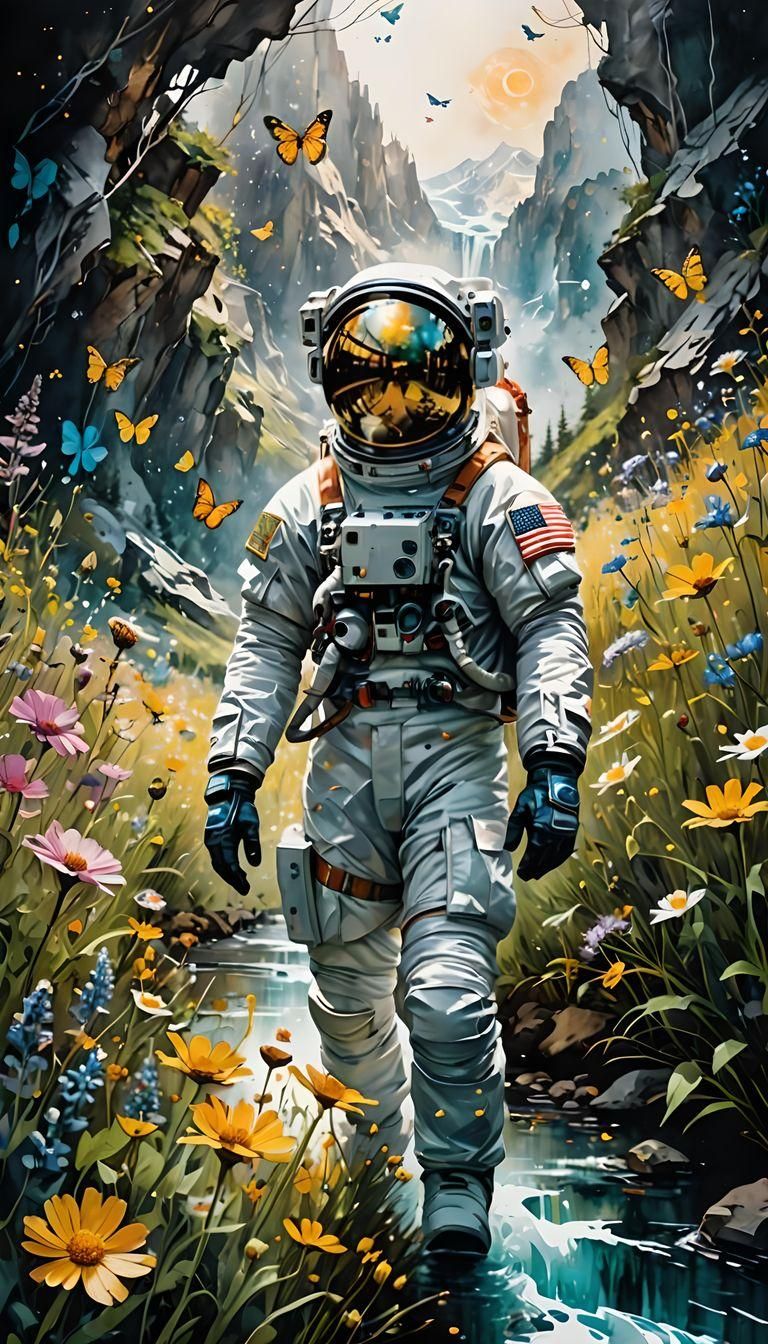 Astronaut in Space with River and Butterflies