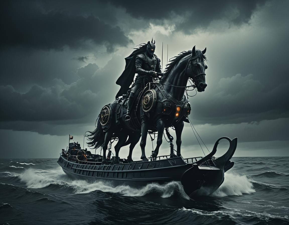 Futuristic Demonic Horse Boat on Stormy Sea