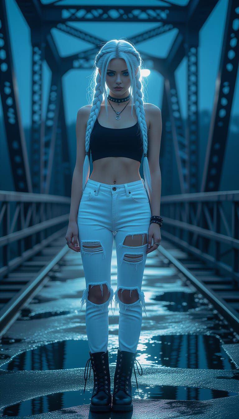 Gloomy Night Portrait of Woman on Abandoned Bridge