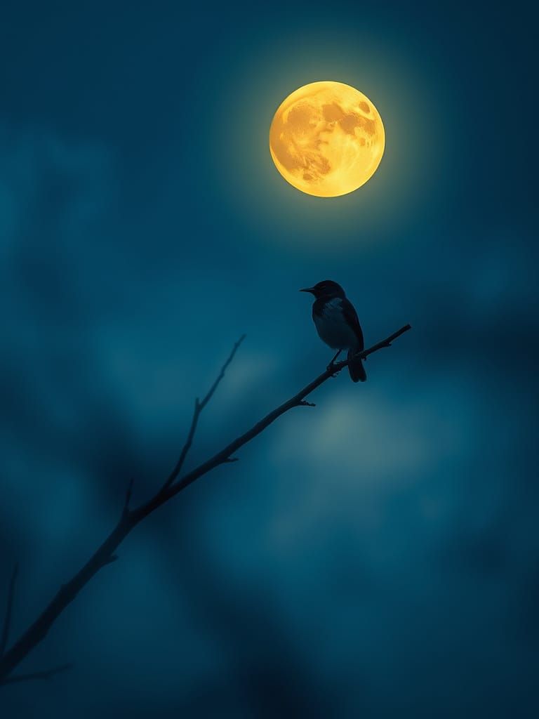 Moonlit Bird Perched in Foggy Nighttime Landscape