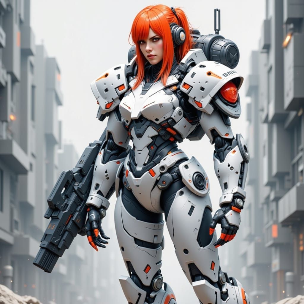 Anime Woman in Mecha Suit with Laser Cannon