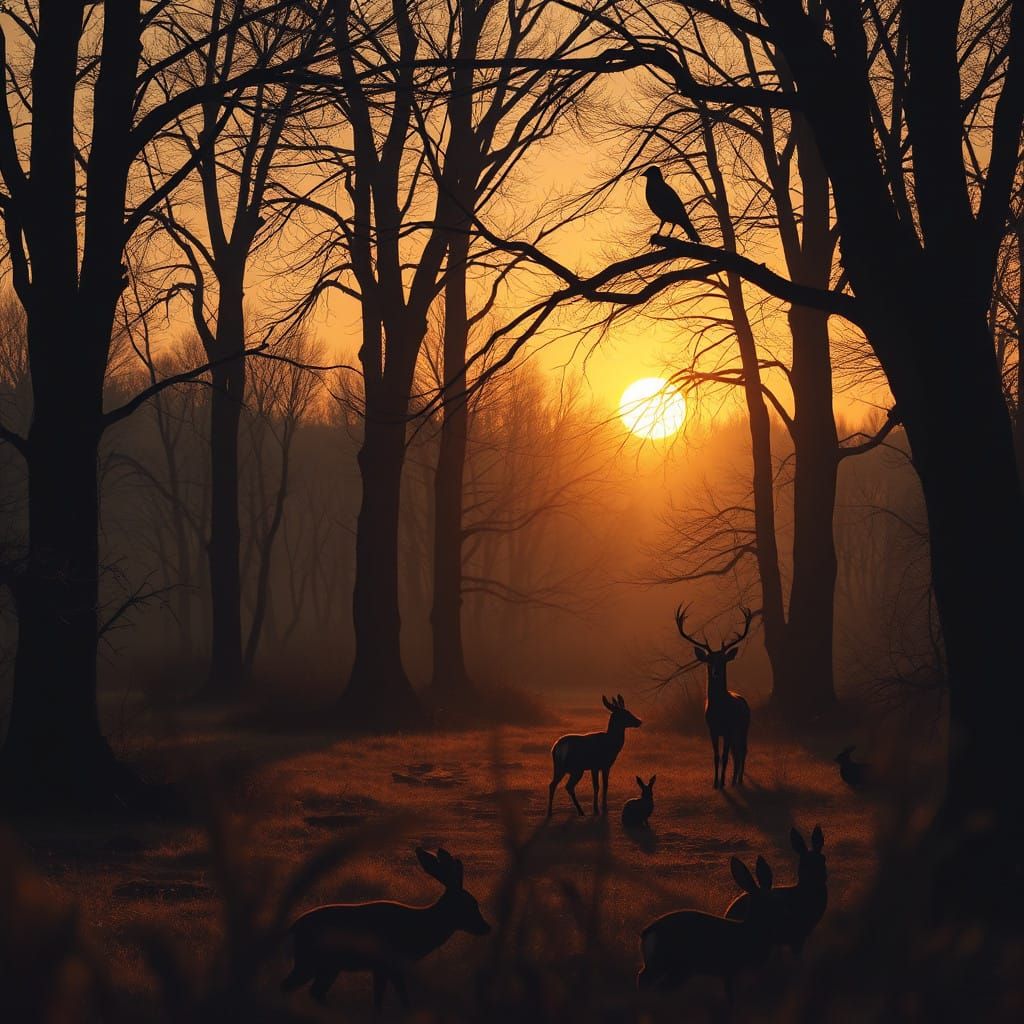 Golden Forest Silhouettes at Dusk in Earthy Hues