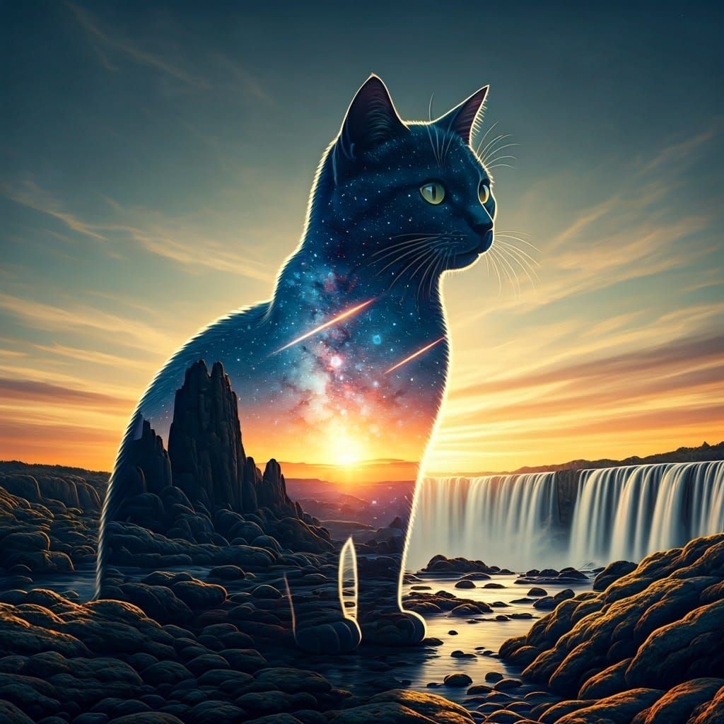Cosmic Feline Silhouette Amidst Vibrant Waterfall Galaxy