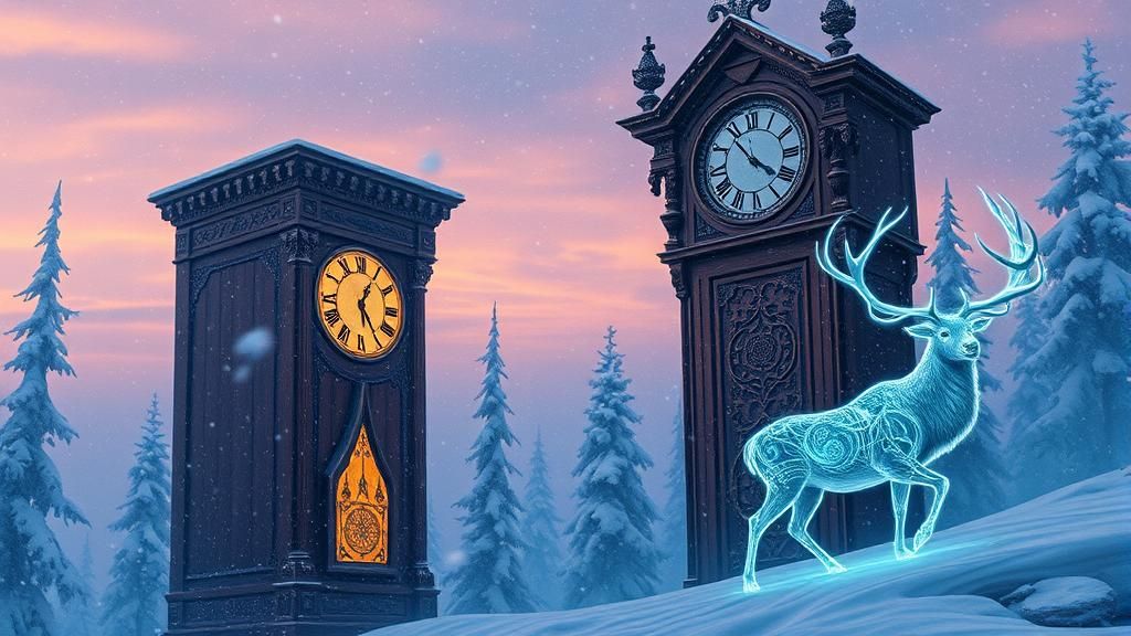 Mystical Clock and Neon Elk in Arctic Twilight