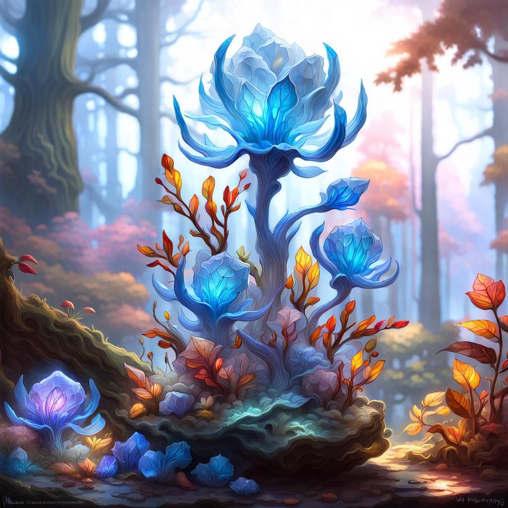 Bioluminescent Fantasy Forest in Detailed Stained Glass