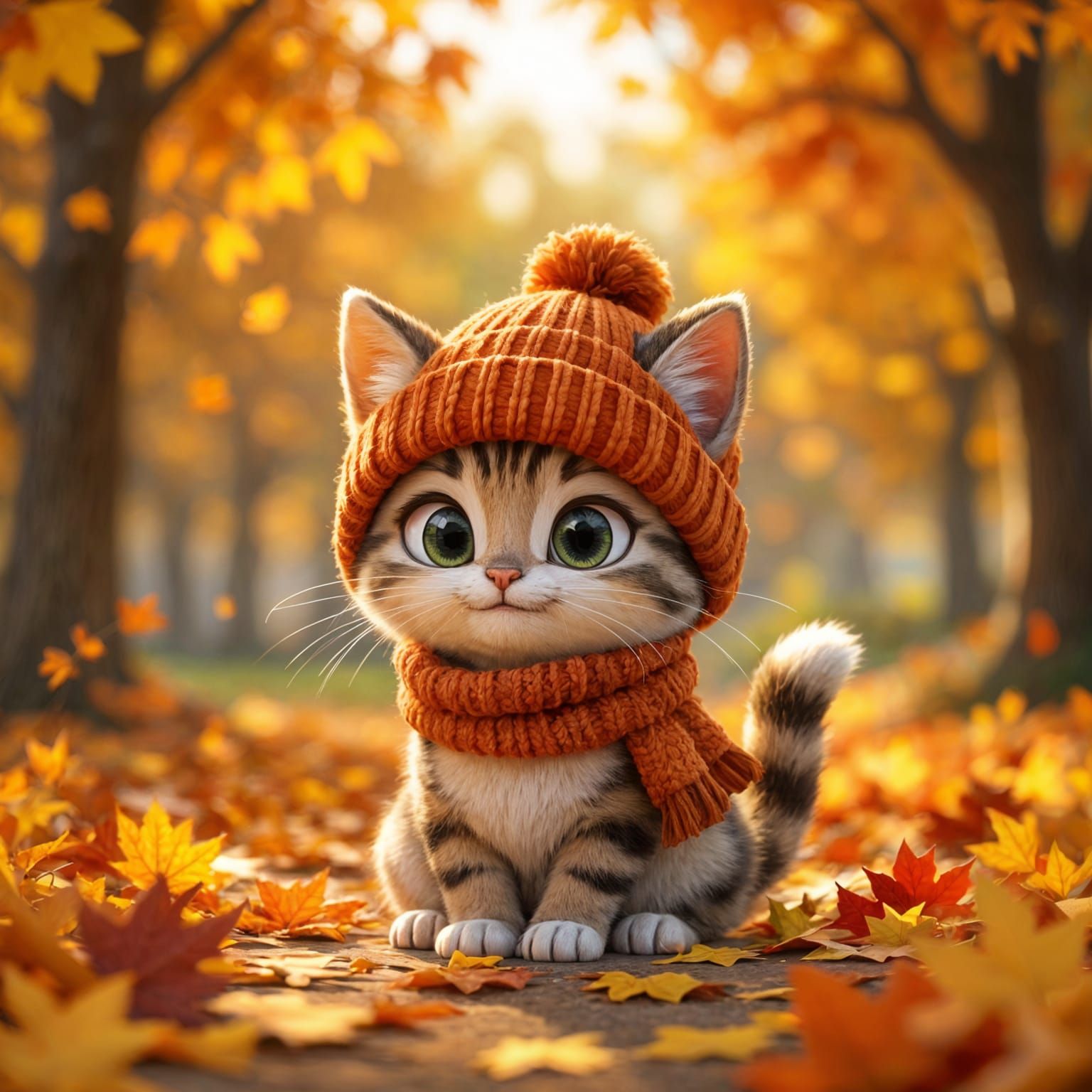 Cartoon Cat in Hat Amidst Autumn Park in 3D Style