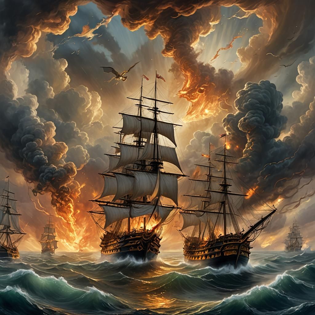 Fantastical Dragon Attacks HMS Victory: Turner-inspired