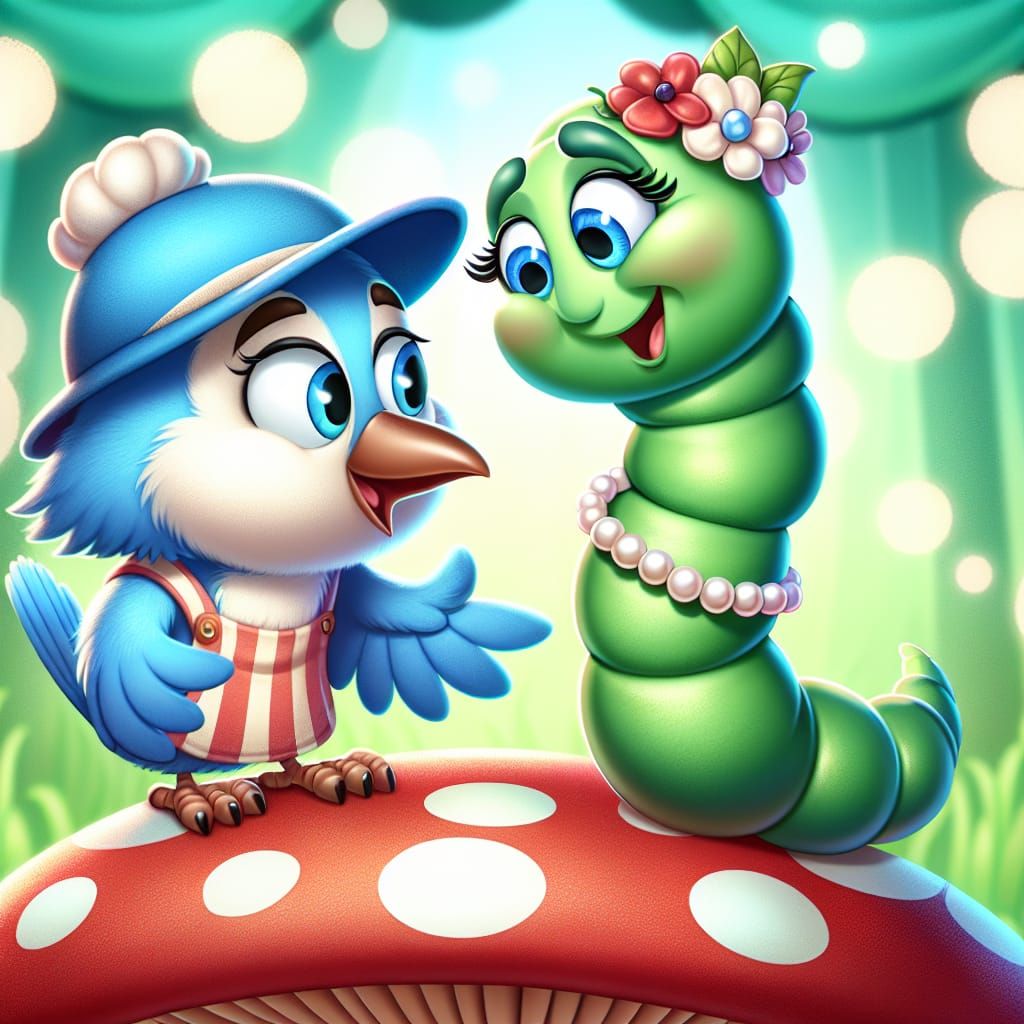 Whimsical Blue Jay and Earthworm Friendship Scene
