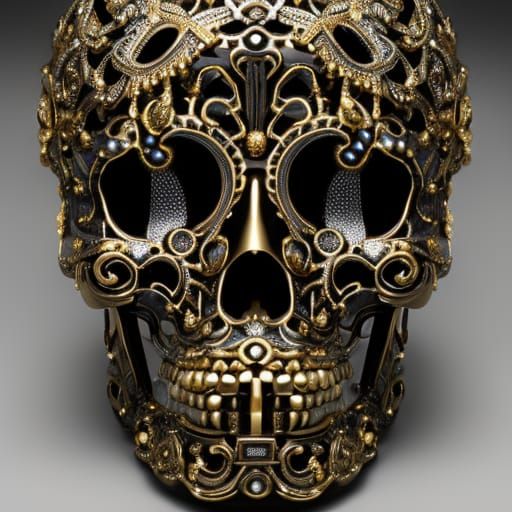 Steampunk Marble Skull Statue with Cyberpunk Elements