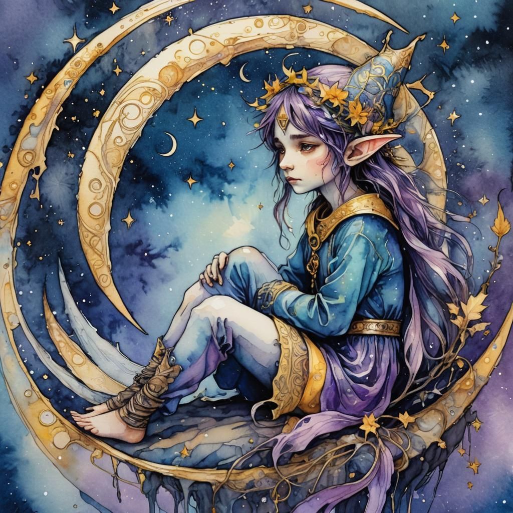 Elf on Crescent Moon in Watercolor Dreamscape