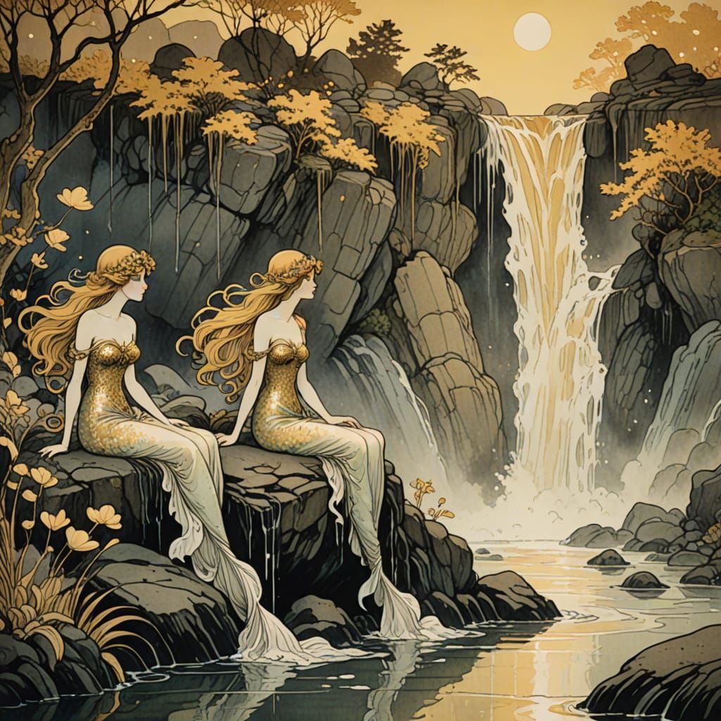 Mermaids in a Warm Golden Lagoon, Ink Illustration