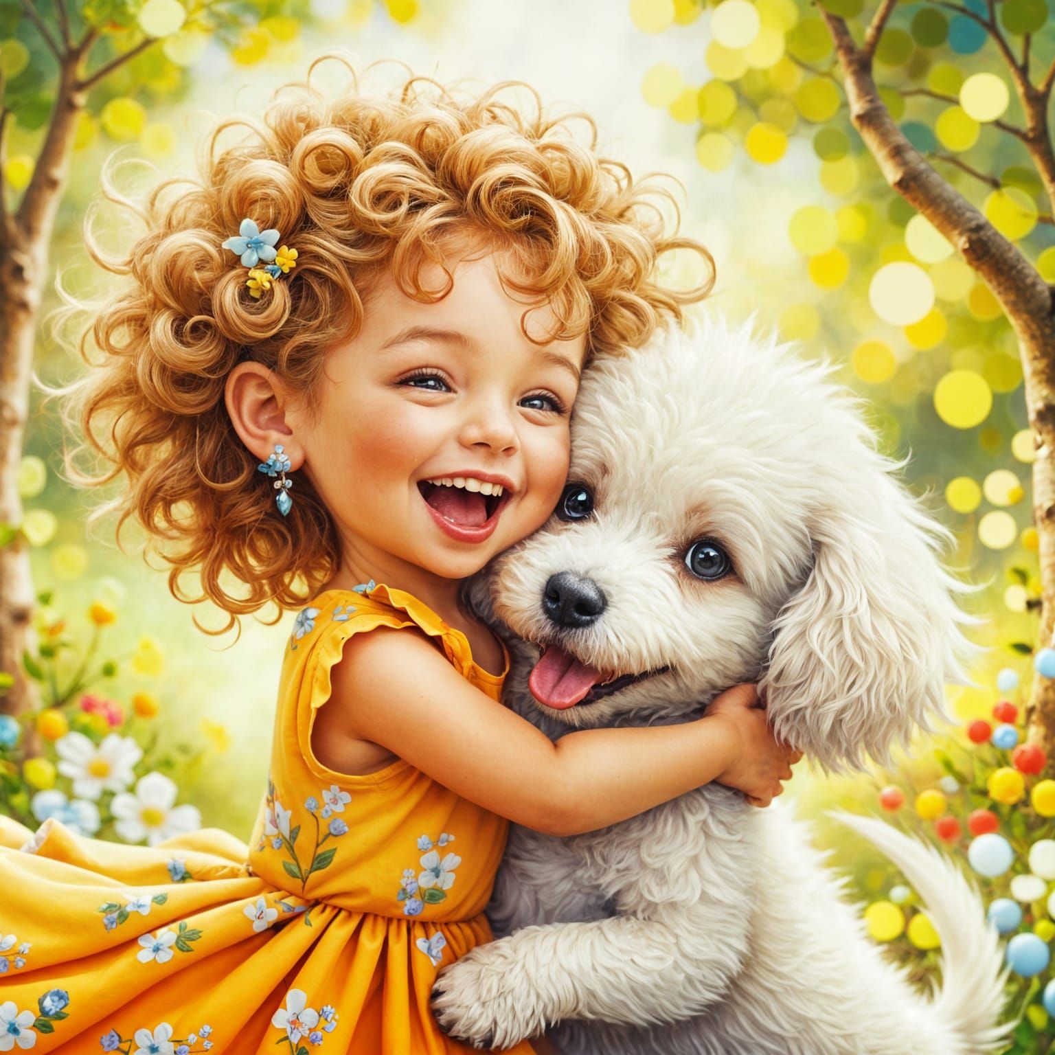 Joyful Toddler Girl Plays with Happy Bichon Frise Puppy