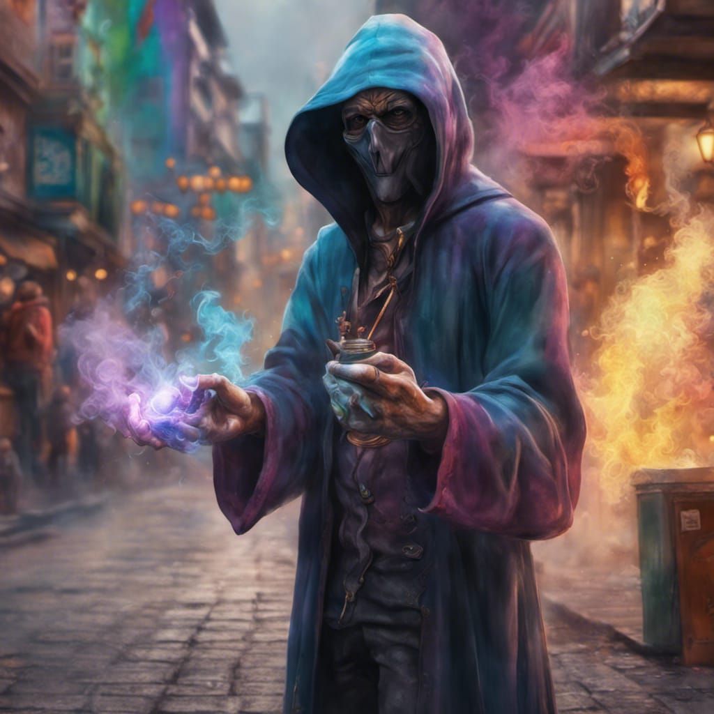 Hooded Street Magician in Hyperrealistic Style