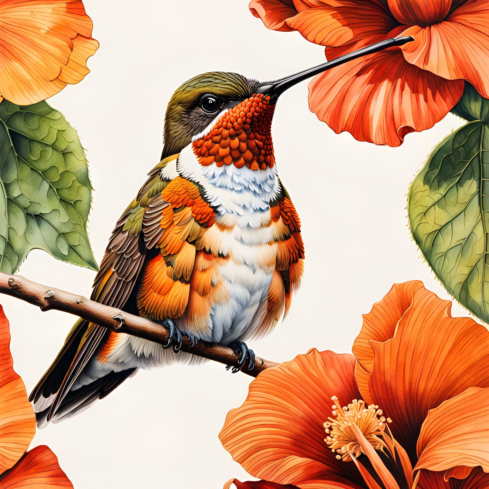 Rufous Hummingbird Watercolor Illustration