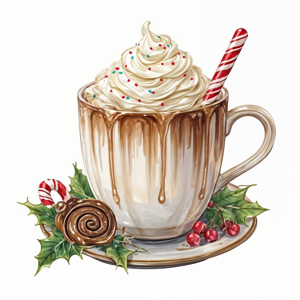 Festive Watercolor Hot Chocolate with Candy Cane