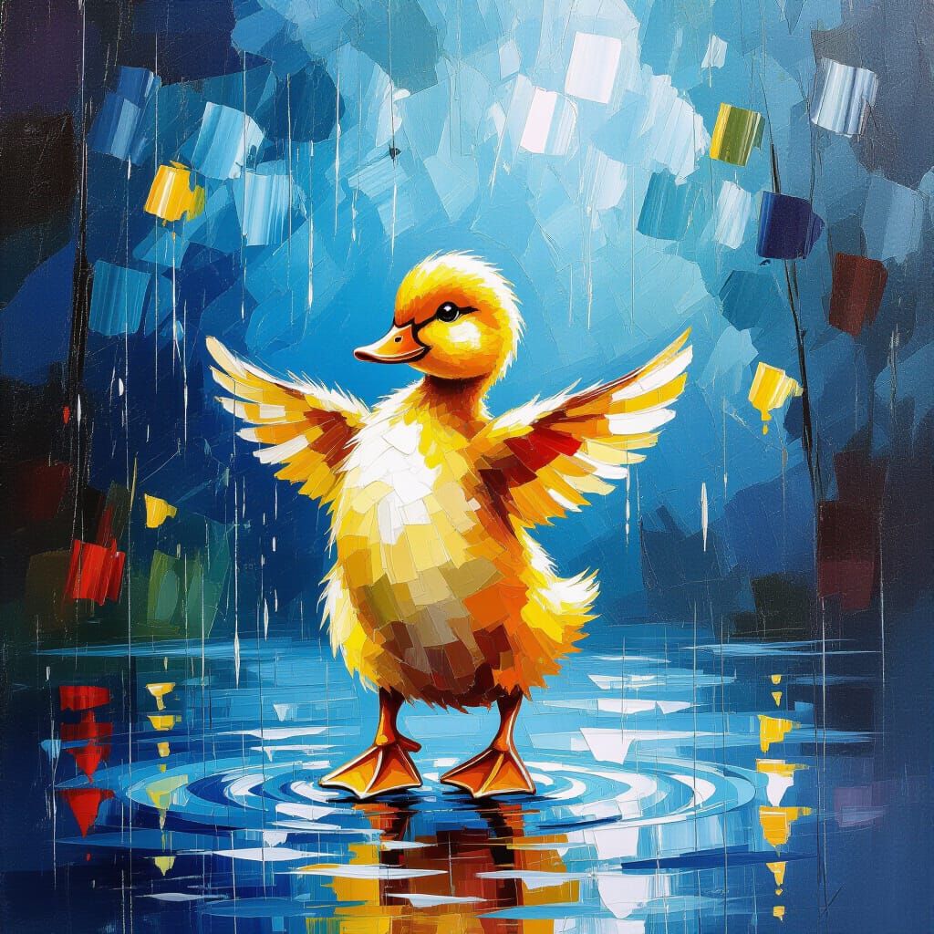 Duckling Dances in Rain: Impressionist Oil Painting