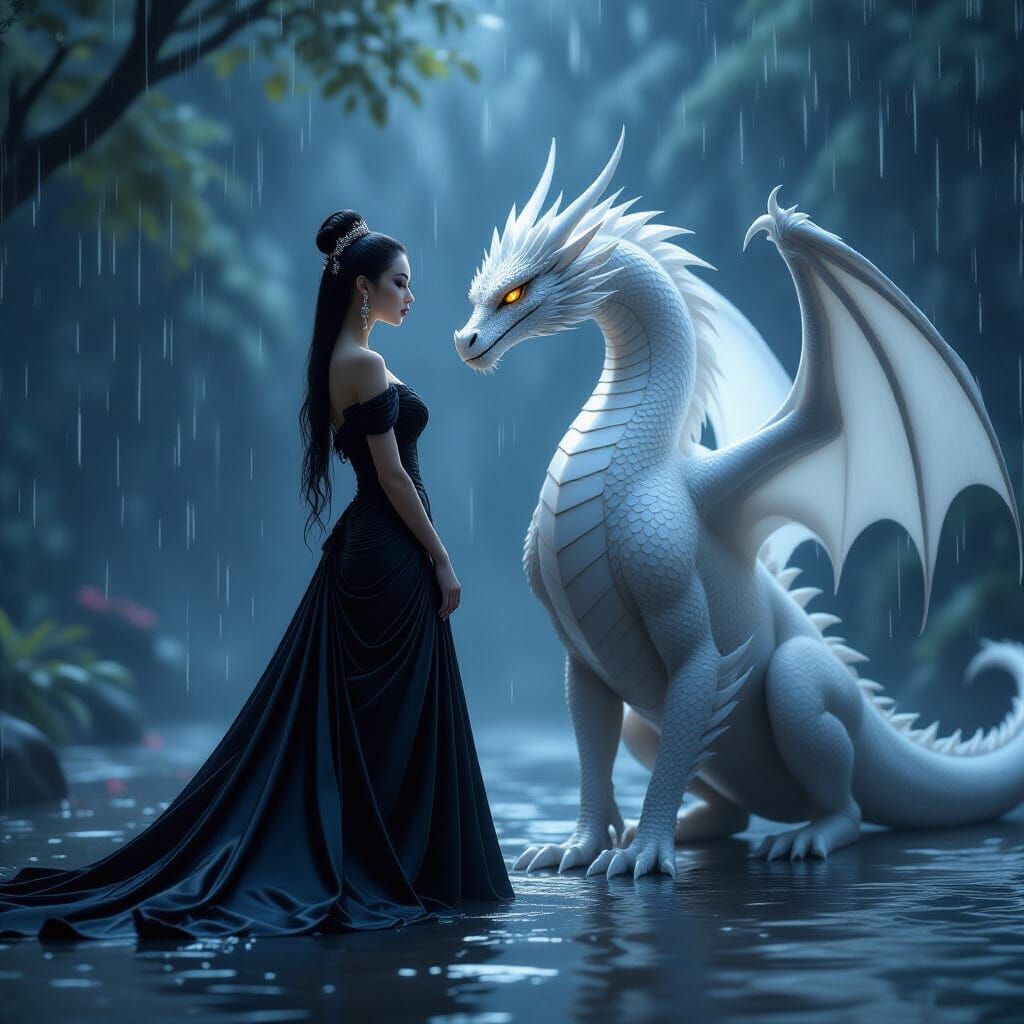 Regal Woman and White Dragon in Summer Rain