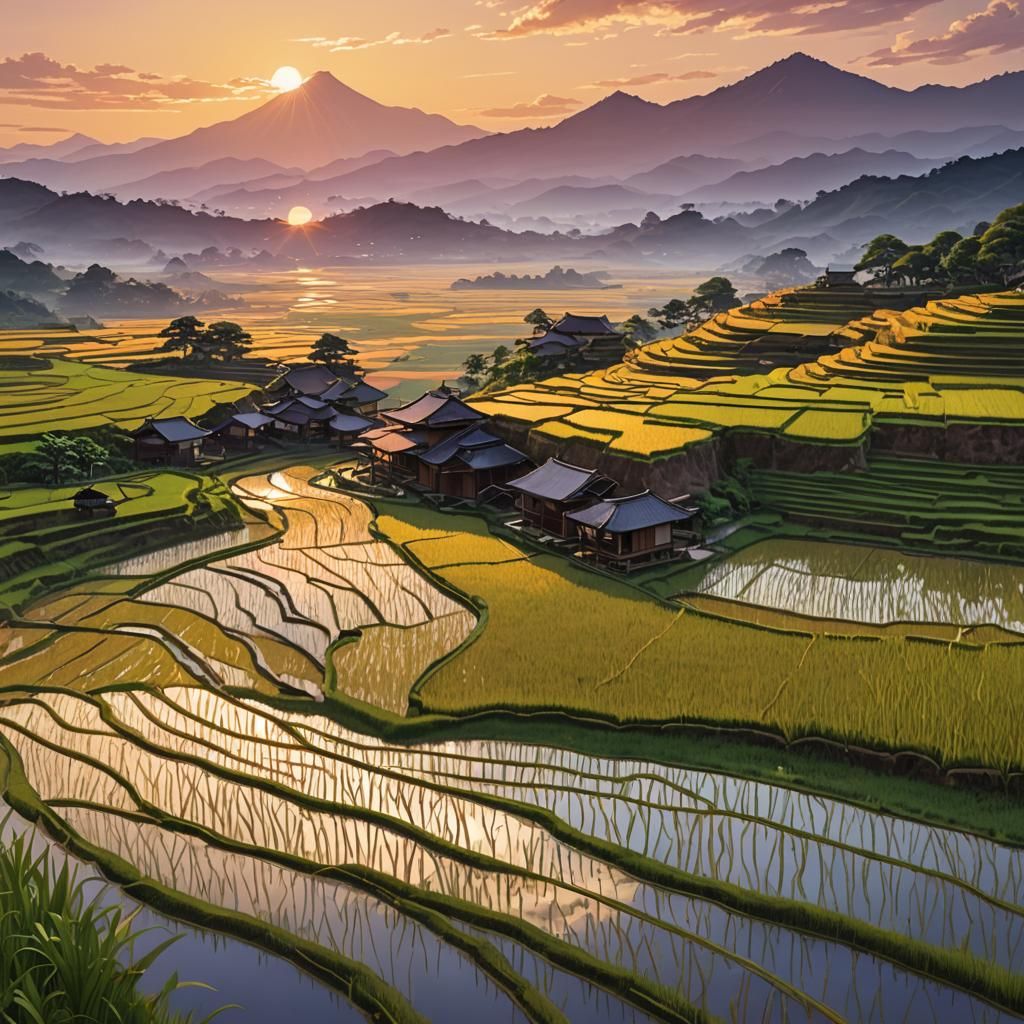 Sunset Rice Field: 3D Anime Art
