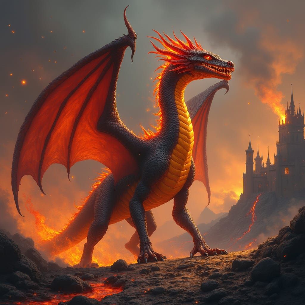 Majestic Fire Dragon Guarding Volcanic Castle
