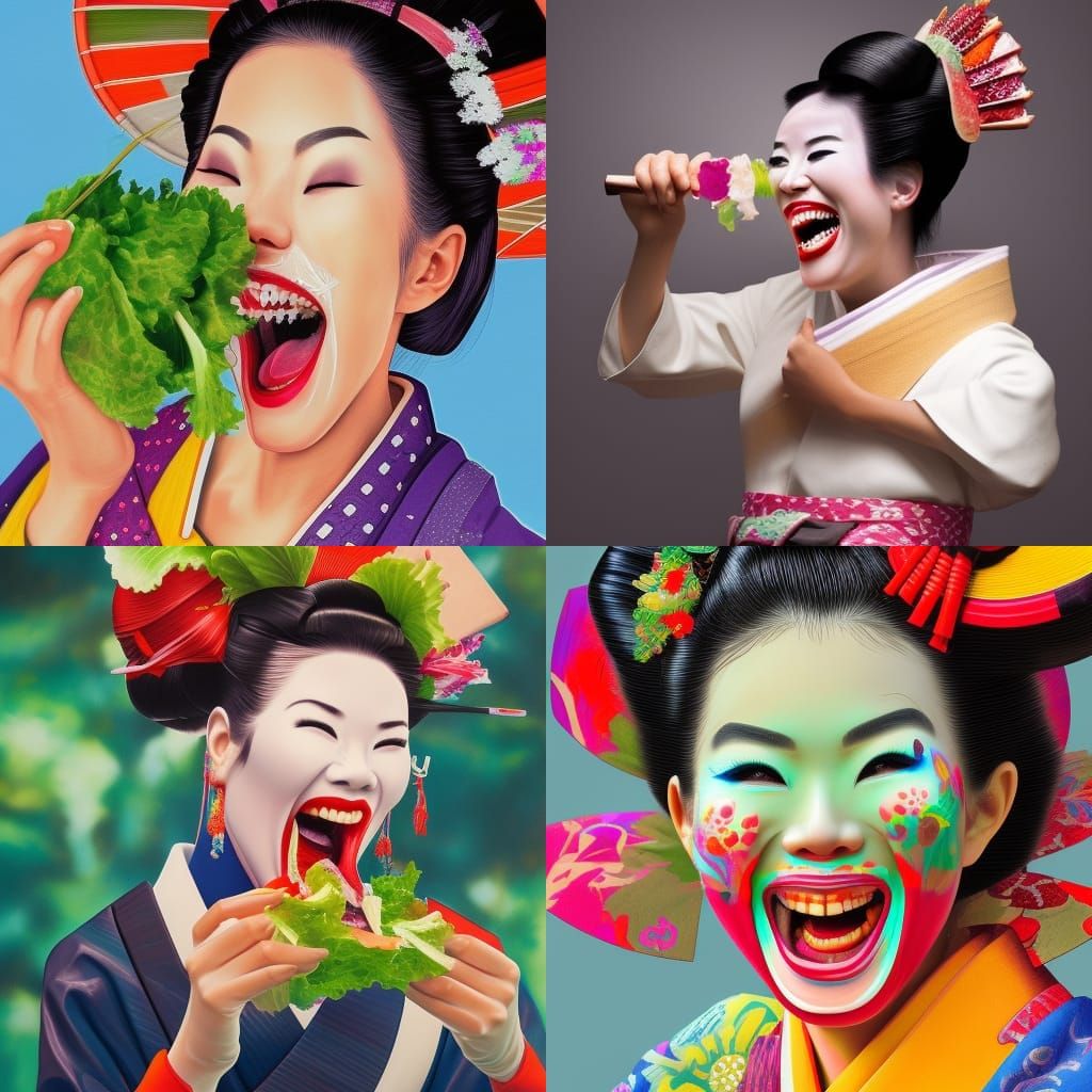 Laughing Geisha Eating Salad in Hyperrealistic Style