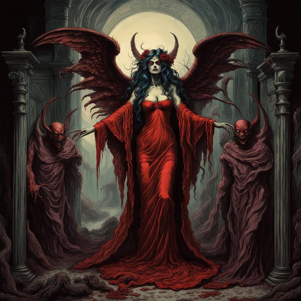 Demon Woman with Bloody Wings in Creepy Style