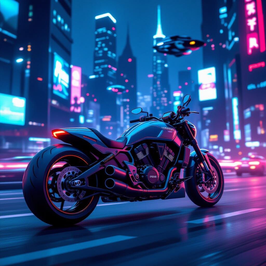 Futuristic Motorcycle Speeding Through Neon Cityscape