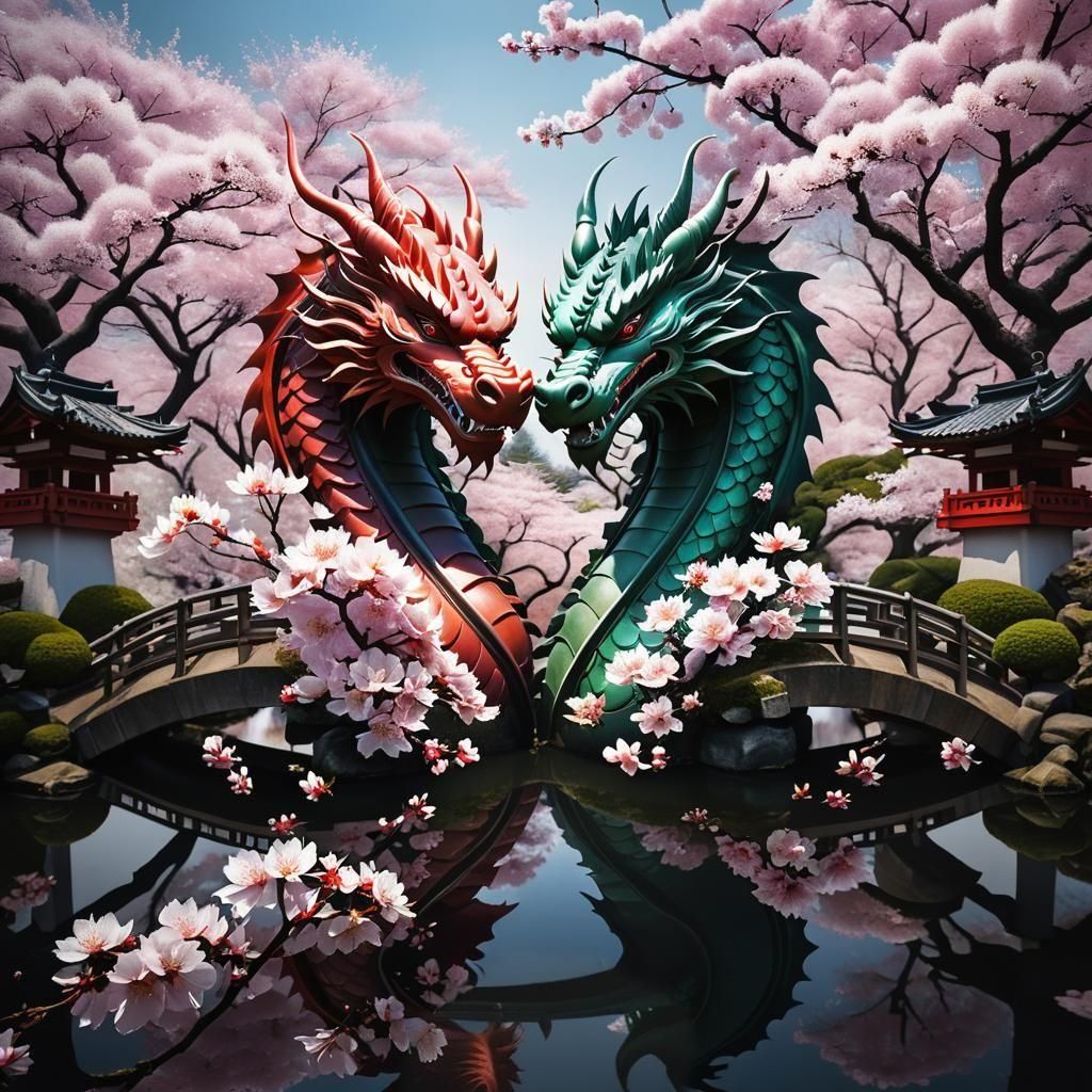 Dragon Bridge and Sakura Garden Double Exposure