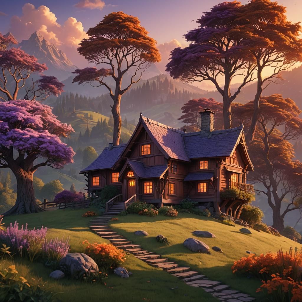 Sunset Cottage: Whimsical Matte Painting in 8K