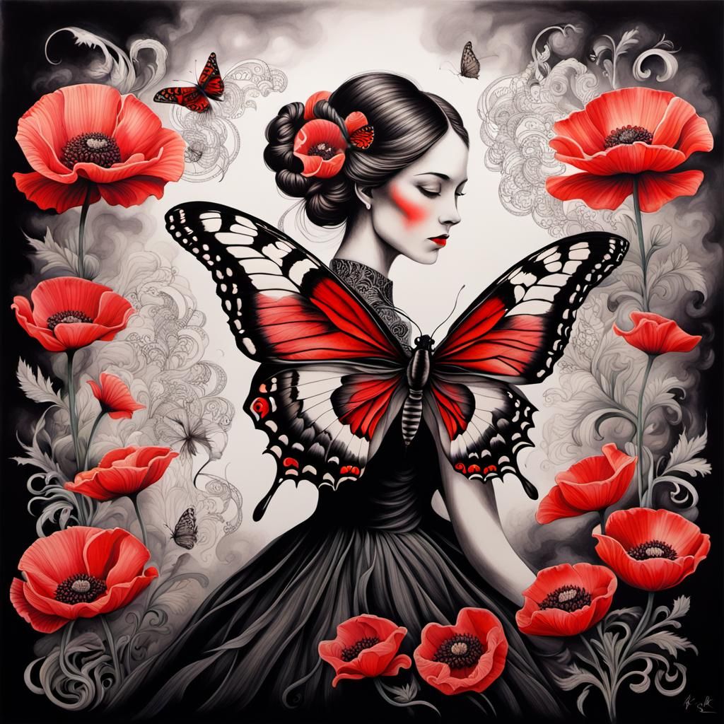 Smoke Ink Butterfly Portrait in Art Nouveau Style