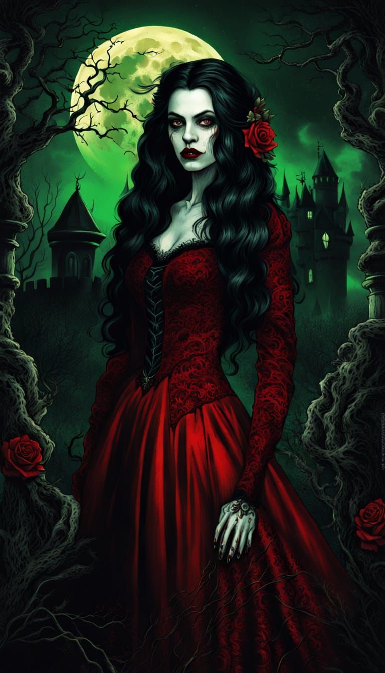 Eerie Vampire Girl in Gothic Golden Age Illustration