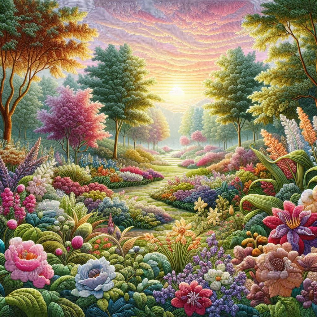 Glowing Garden Landscape at Dawn in Pastel Embroidery Style
