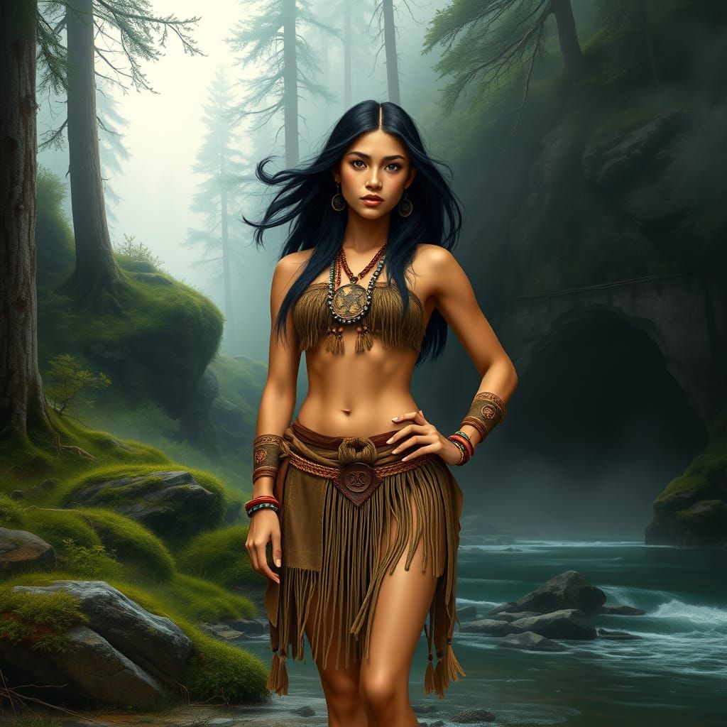 Cave Woman in Lush Forest Clearing