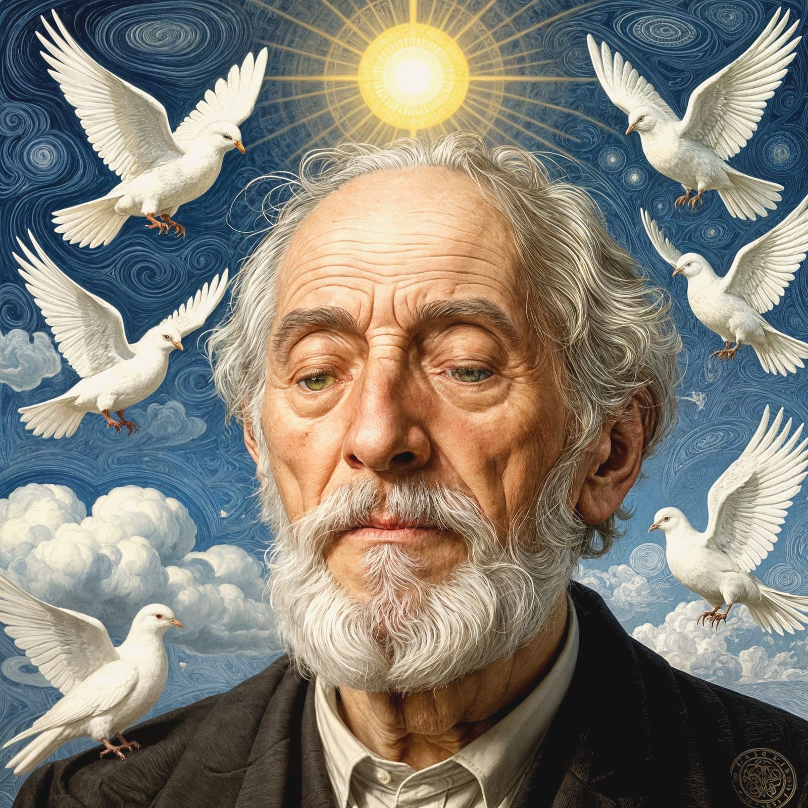 Old Man's Inner Peace with Doves in Liquid Sky