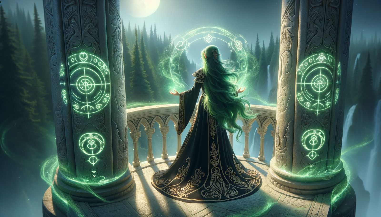 Green-Haired Sorceress Overlooks Magical Forest