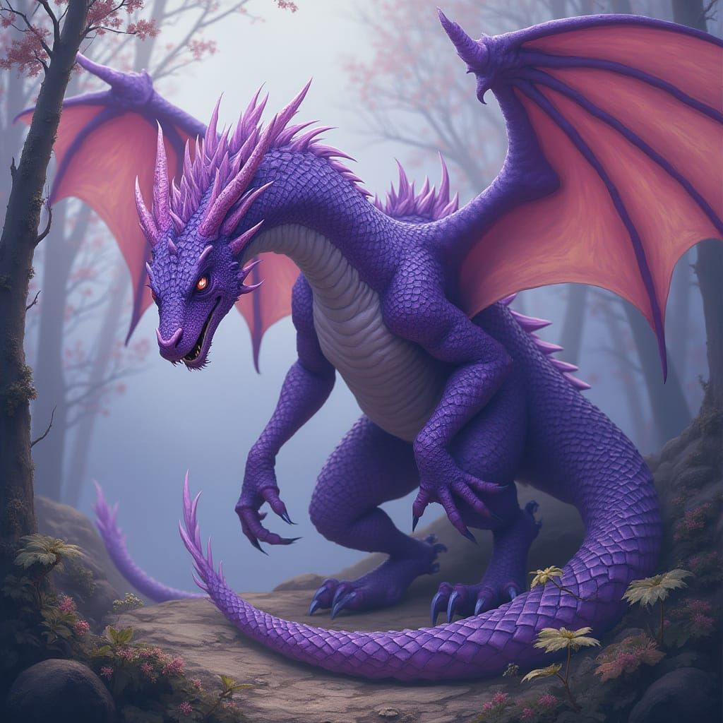 Majestic Purple Hybrid Dragon in Vibrant, Mystical Landscape