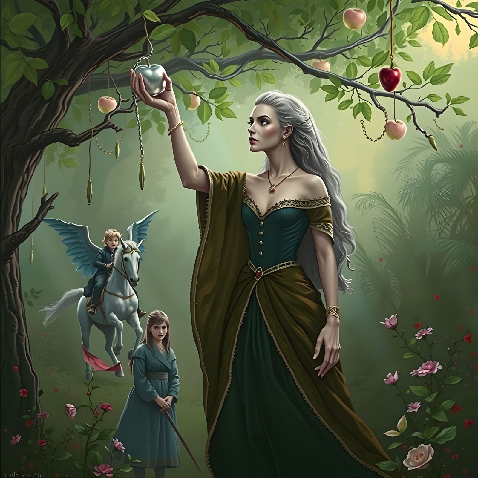 Regal Woman Grasps Apple Amidst Enchanted Garden's Fading Li...