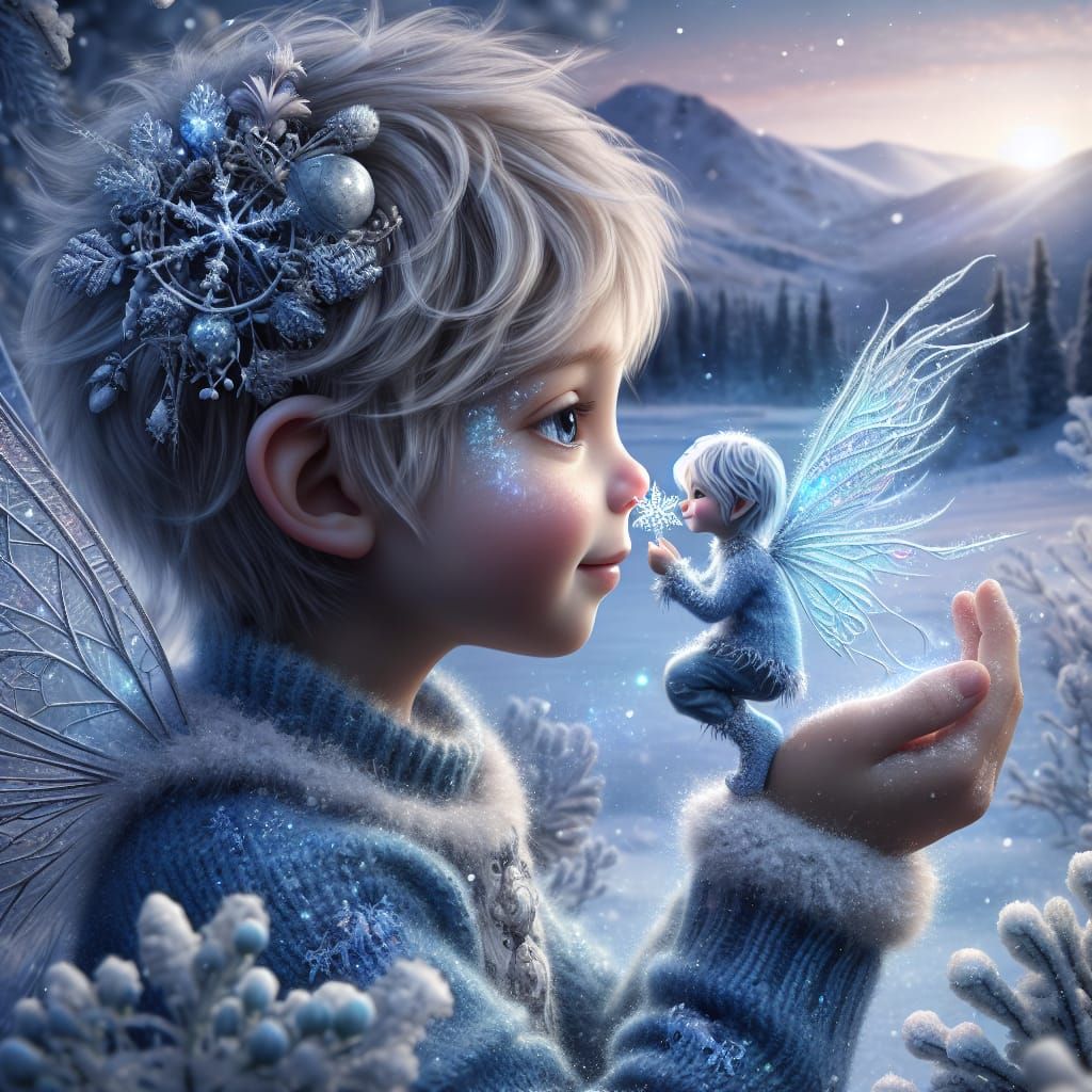 Winter Fairy Touches Snowflake on Child's Nose in Frosty Win...