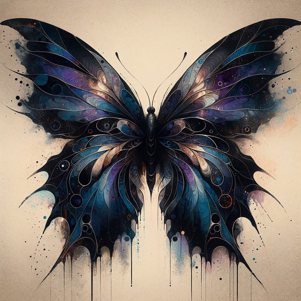 Gothic Art Deco Butterfly in Watercolor and Charcoal