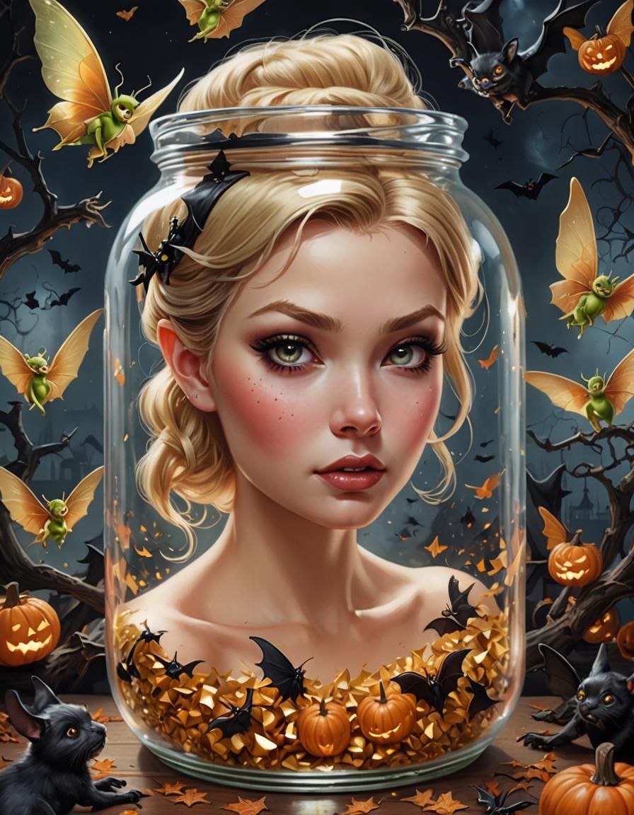 Halloween Pixie in Glass Jar, Hyperrealistic Art