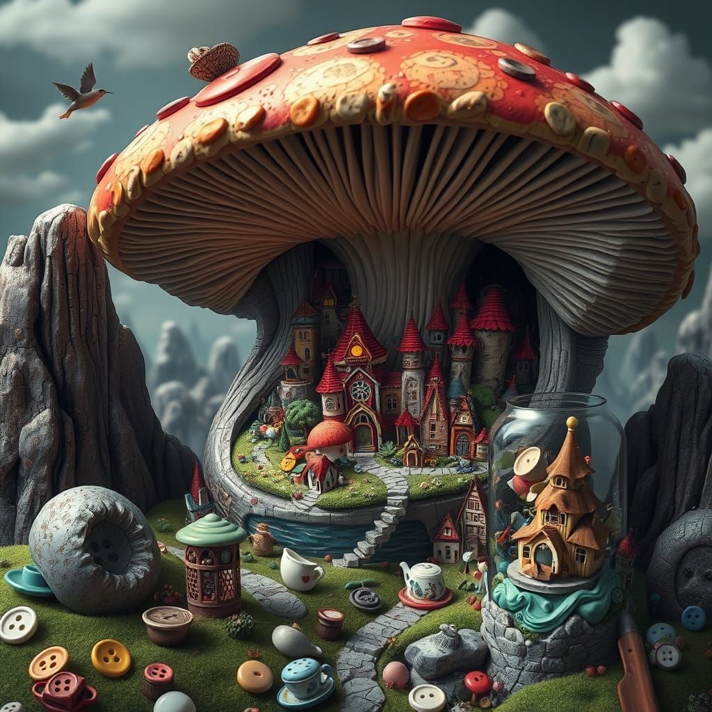 Miniature Village in Mushroom, Detailed Matte Painting