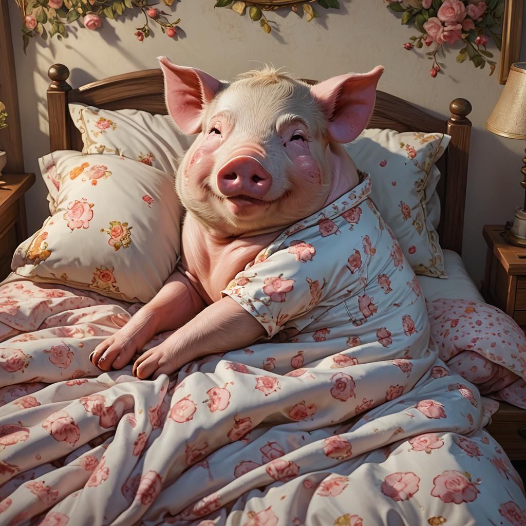 Happy Pig Portrait in Country Bedroom, Detailed Digital Art