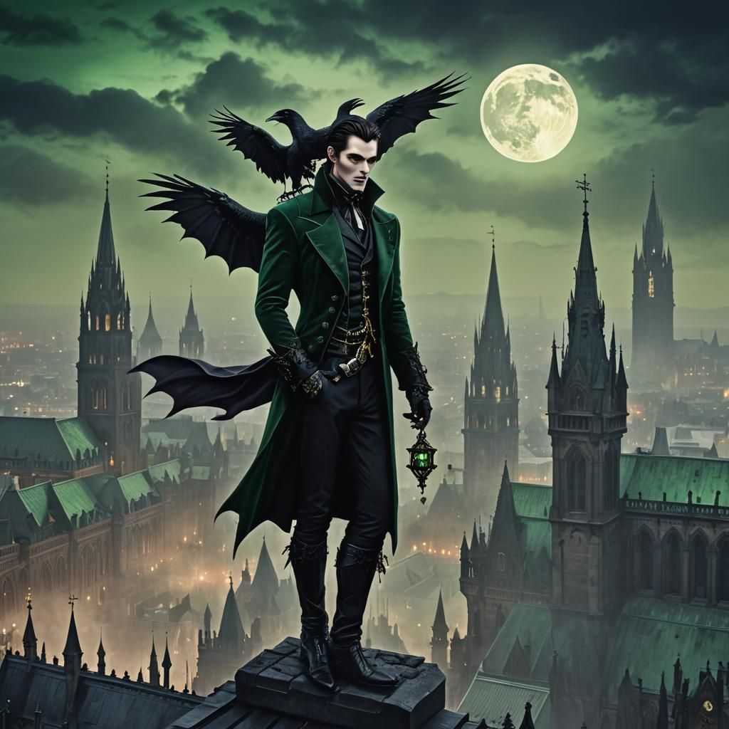 Victorian Vampire Overlooking Gothic Cityscape