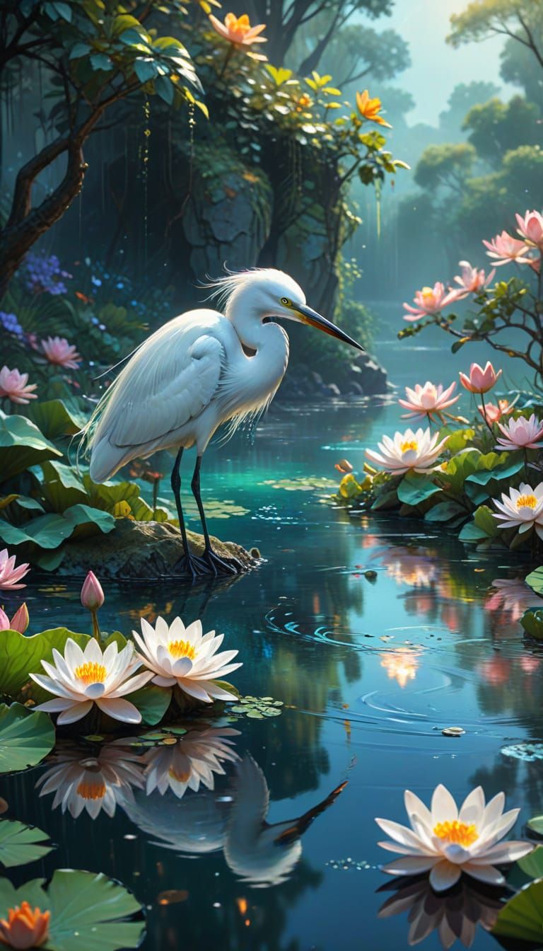 Ethereal Egret in Floral Landscape as Oil Painting