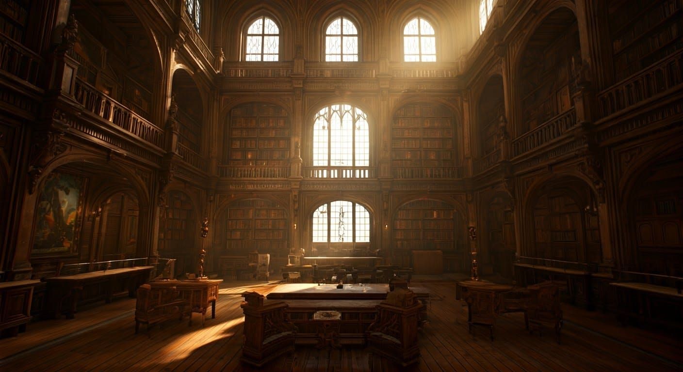 Grand Library in Warm, Golden Light