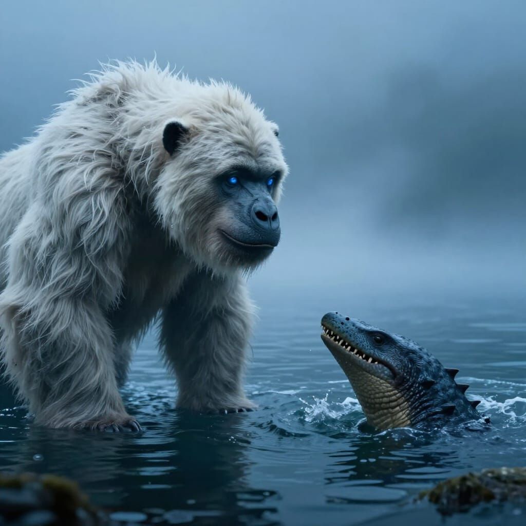 Yeti Encounters Loch Ness Monster in Misty Blue Lake