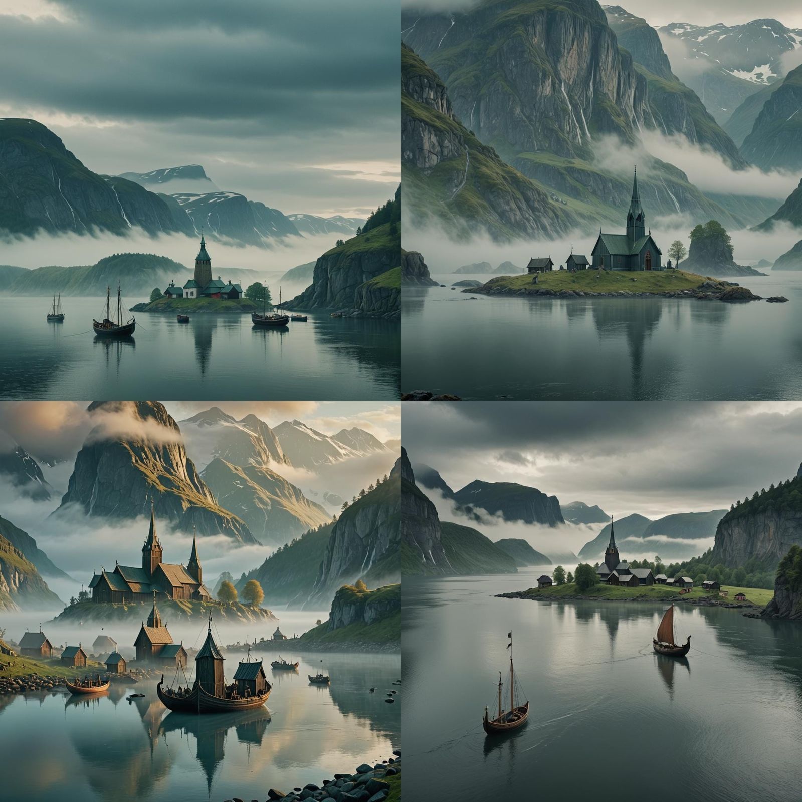 Scandinavian Fjord with Viking Church, Cinematic Film Still