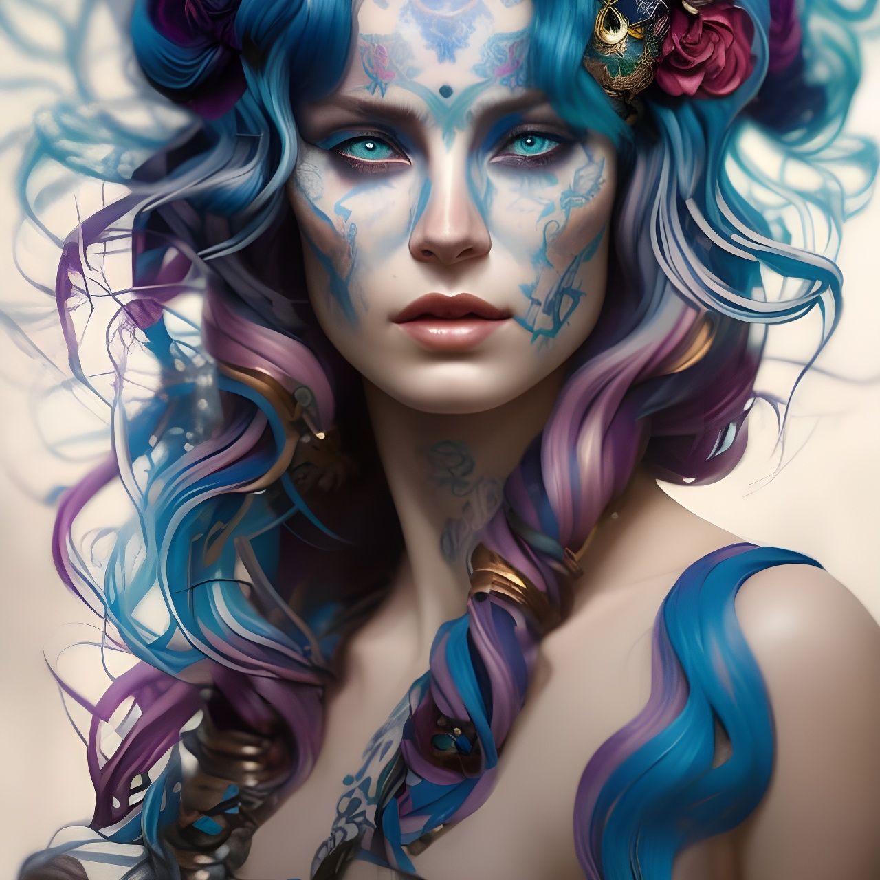 Skull Portrait with Blue Hair, Detailed Digital Art