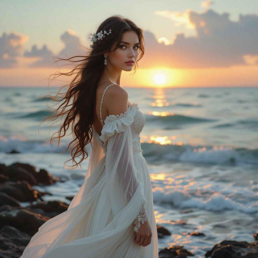 Seashell Woman on Rocky Shore in Pre-Raphaelite Style