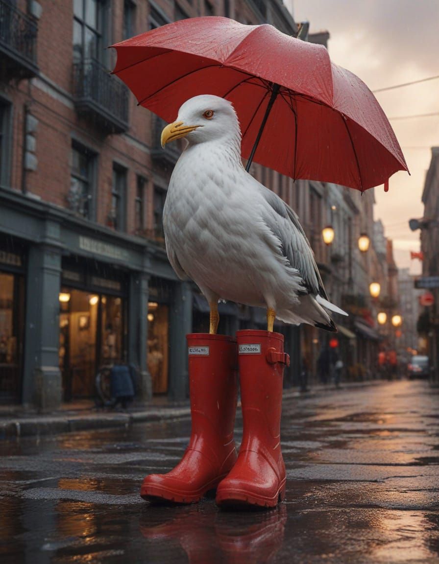Comical Seagull in Red Rain Boots